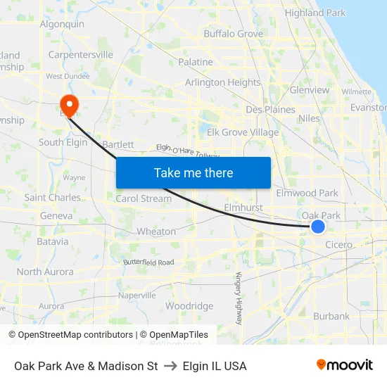 Oak Park Ave & Madison St to Elgin IL USA map