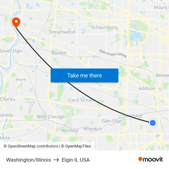 Washington/Illinois to Elgin IL USA map