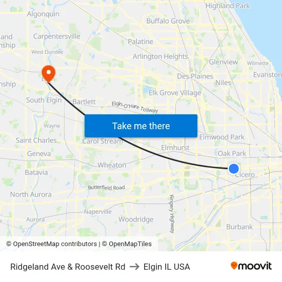 Ridgeland Ave & Roosevelt Rd to Elgin IL USA map