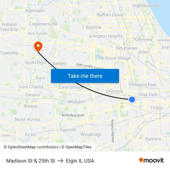 Madison St & 25th St to Elgin IL USA map