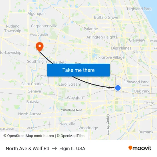 North Ave & Wolf Rd to Elgin IL USA map