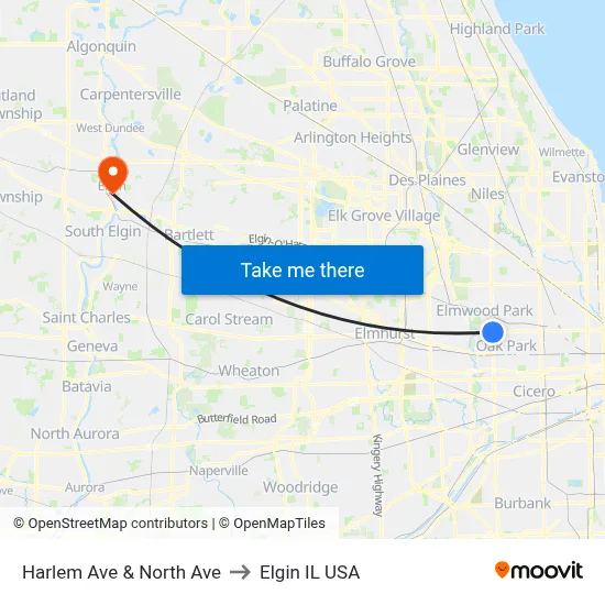 Harlem Ave & North Ave to Elgin IL USA map