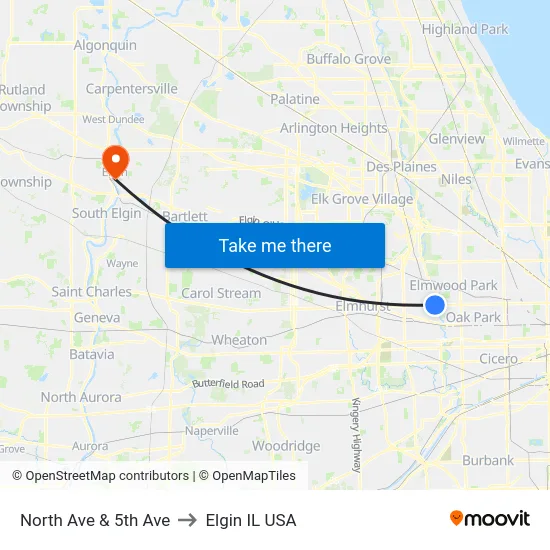North Ave & 5th Ave to Elgin IL USA map