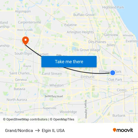 Grand/Nordica to Elgin IL USA map