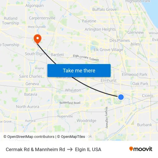 Cermak Rd & Mannheim Rd to Elgin IL USA map