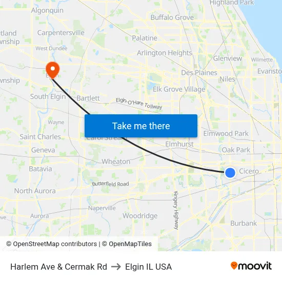Harlem Ave & Cermak Rd to Elgin IL USA map