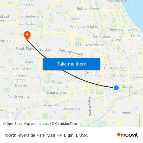 North Riverside Park Mall to Elgin IL USA map