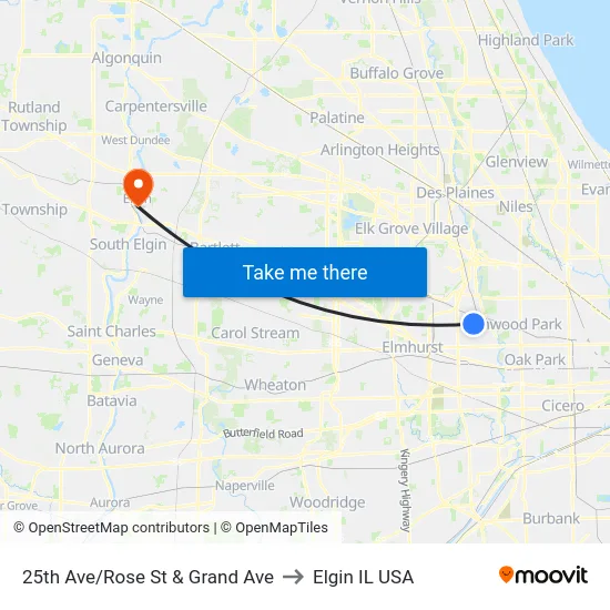 25th Ave/Rose St & Grand Ave to Elgin IL USA map