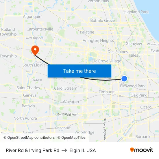 River Rd & Irving Park Rd to Elgin IL USA map