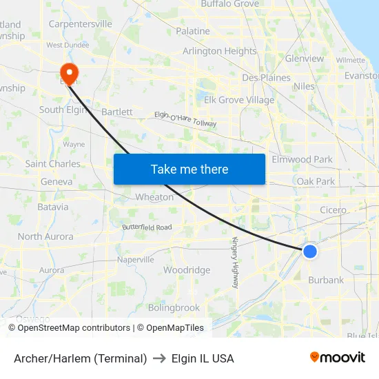Archer/Harlem (Terminal) to Elgin IL USA map