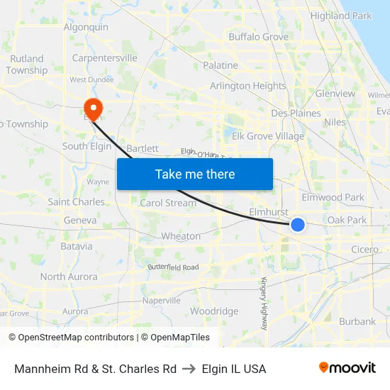 Mannheim Rd & St. Charles Rd to Elgin IL USA map
