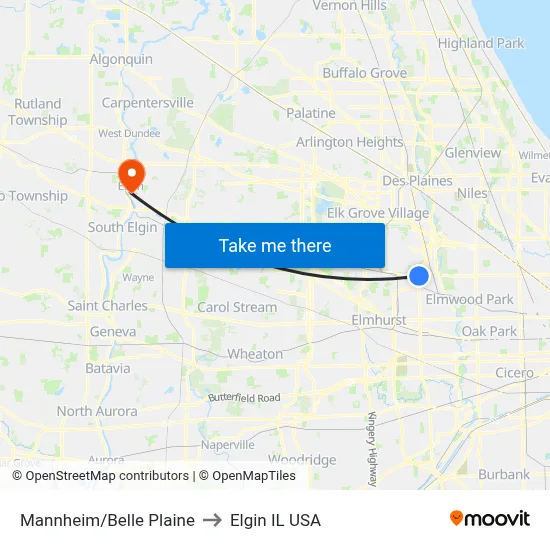 Mannheim/Belle Plaine to Elgin IL USA map