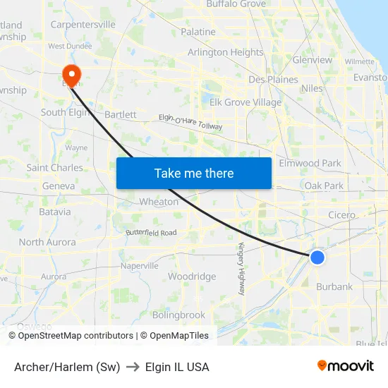 Archer/Harlem (Sw) to Elgin IL USA map