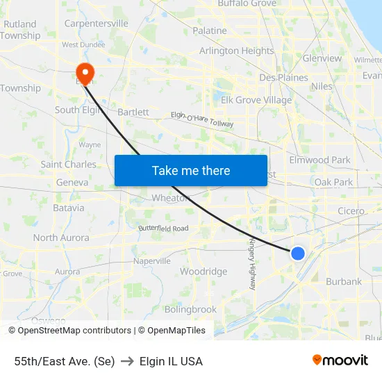 55th/East Ave. (Se) to Elgin IL USA map
