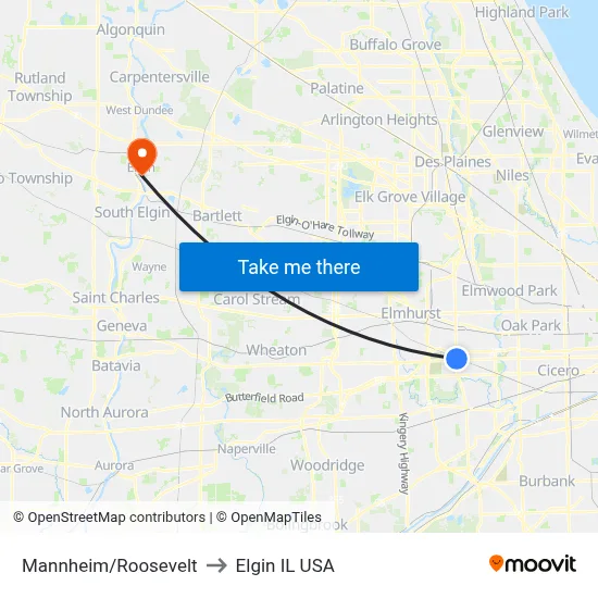 Mannheim/Roosevelt to Elgin IL USA map