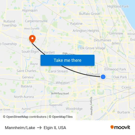 Mannheim/Lake to Elgin IL USA map