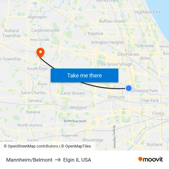 Mannheim/Belmont to Elgin IL USA map