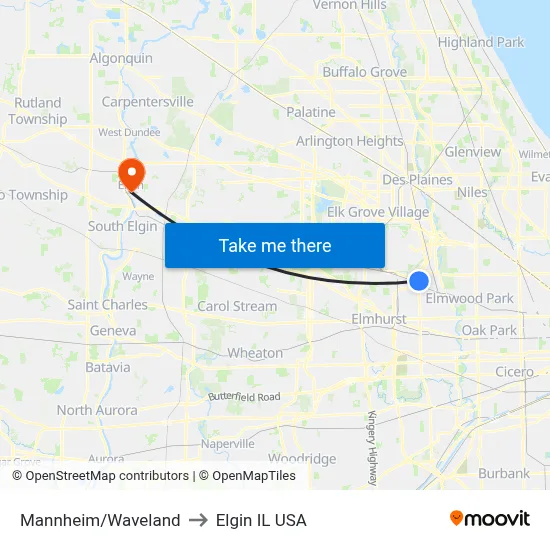 Mannheim/Waveland to Elgin IL USA map