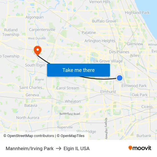 Mannheim/Irving Park to Elgin IL USA map