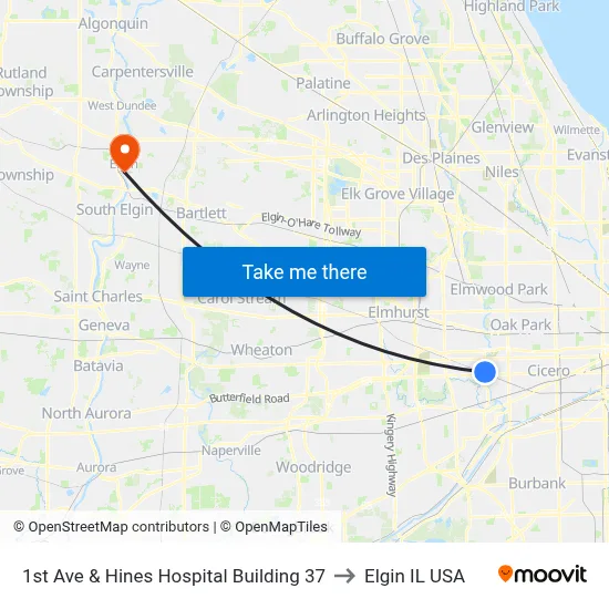 1st Ave & Hines Hospital Building 37 to Elgin IL USA map