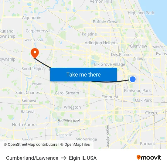 Cumberland/Lawrence to Elgin IL USA map