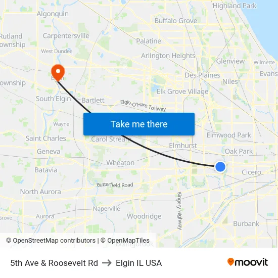 5th Ave & Roosevelt Rd to Elgin IL USA map