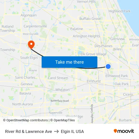 River Rd & Lawrence Ave to Elgin IL USA map