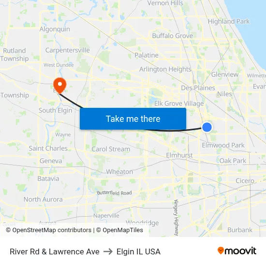 River Rd & Lawrence Ave to Elgin IL USA map