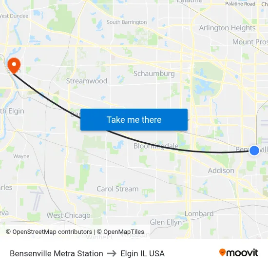 Bensenville Metra Station to Elgin IL USA map