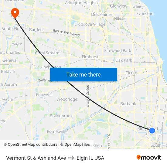 Vermont St & Ashland Ave to Elgin IL USA map