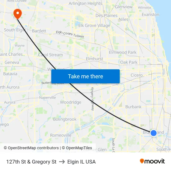 127th St & Gregory St to Elgin IL USA map