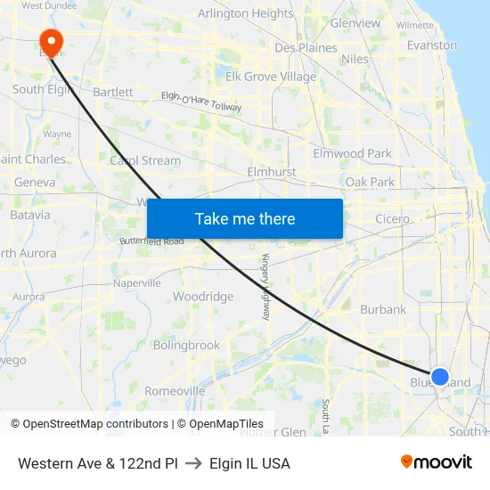 Western Ave & 122nd Pl to Elgin IL USA map