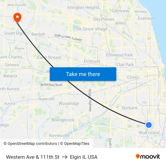 Western Ave & 111th St to Elgin IL USA map