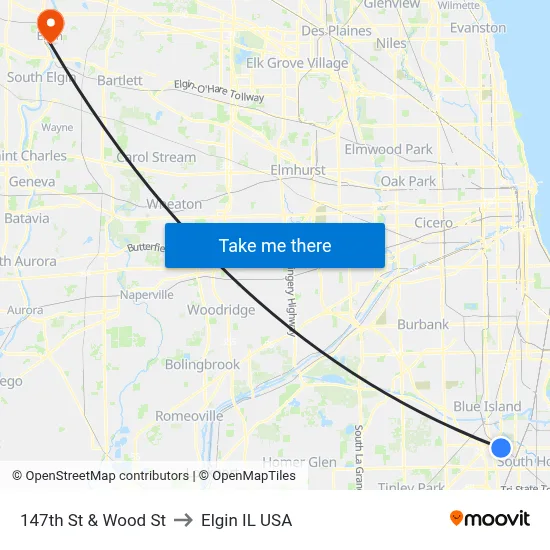 147th St & Wood St to Elgin IL USA map
