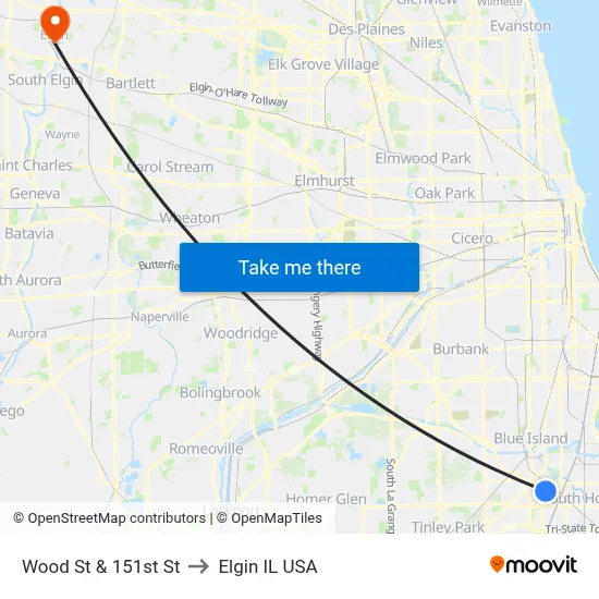 Wood St & 151st St to Elgin IL USA map