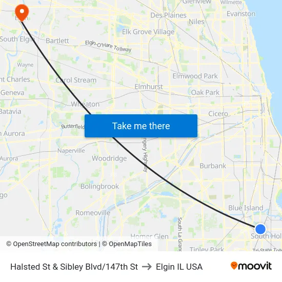 Halsted St & Sibley Blvd/147th St to Elgin IL USA map