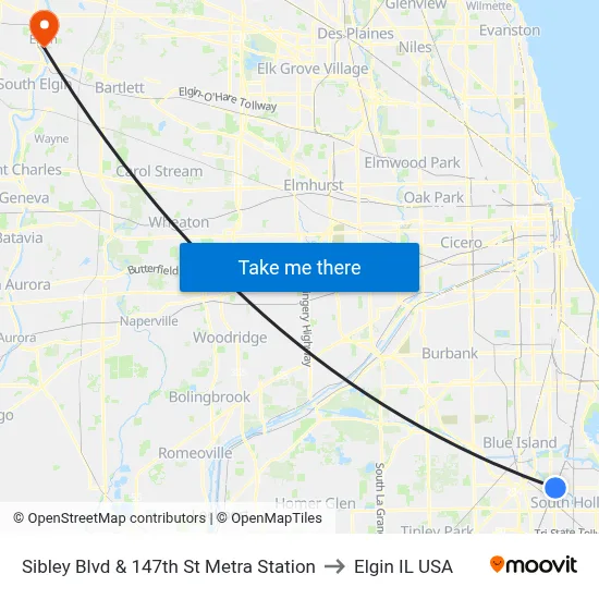 Sibley Blvd & 147th St Metra Station to Elgin IL USA map