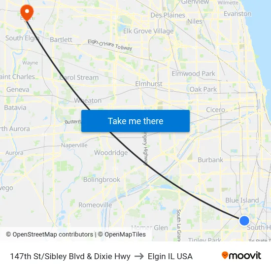 147th St/Sibley Blvd & Dixie Hwy to Elgin IL USA map