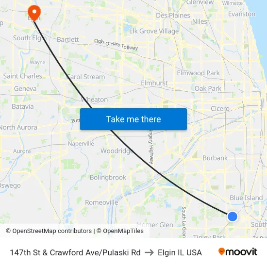 147th St & Crawford Ave/Pulaski Rd to Elgin IL USA map