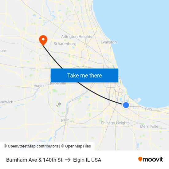 Burnham Ave & 140th St to Elgin IL USA map