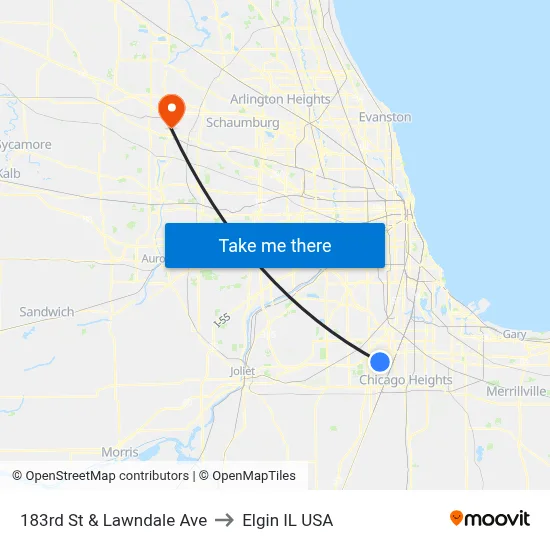 183rd St & Lawndale Ave to Elgin IL USA map