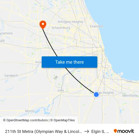 211th St Metra (Olympian Way & Lincoln Hwy) to Elgin IL USA map