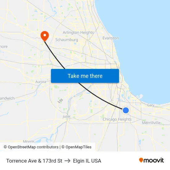 Torrence Ave & 173rd St to Elgin IL USA map
