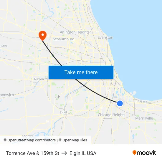 Torrence Ave & 159th St to Elgin IL USA map