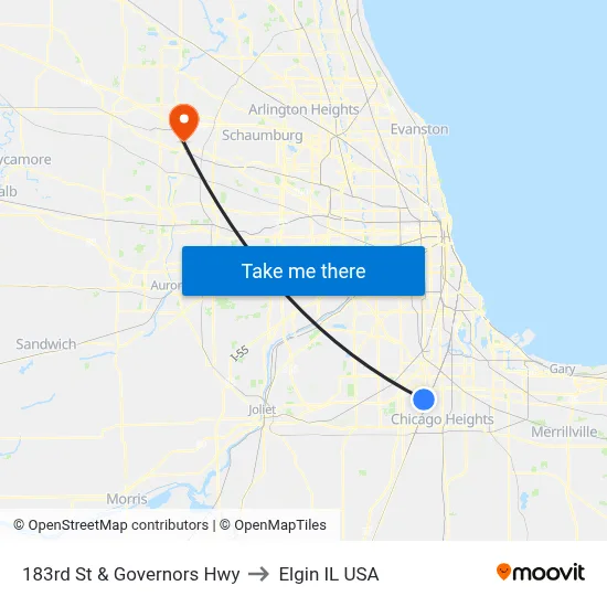 183rd St & Governors Hwy to Elgin IL USA map