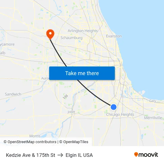 Kedzie Ave & 175th St to Elgin IL USA map