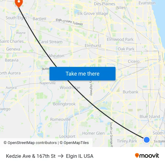 Kedzie Ave & 167th St to Elgin IL USA map