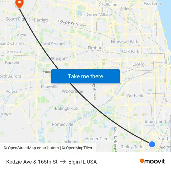 Kedzie Ave & 165th St to Elgin IL USA map