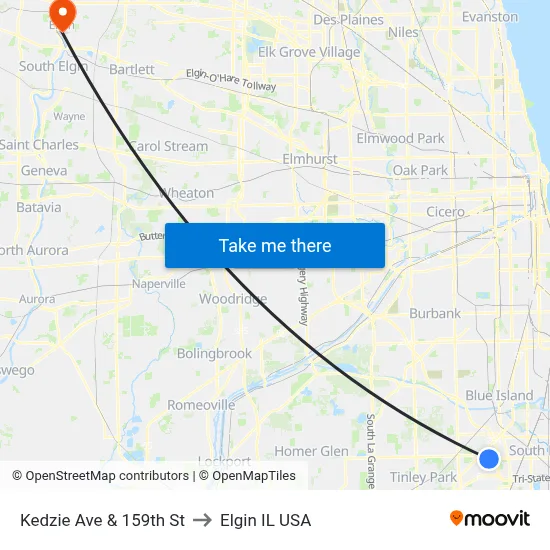 Kedzie Ave & 159th St to Elgin IL USA map