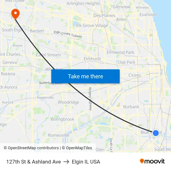 127th St & Ashland Ave to Elgin IL USA map